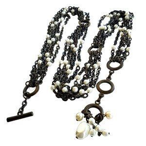 Vintage Brass Chain Faux Pearl Belt or Necklace 5-Strand Heavy Boho Festival